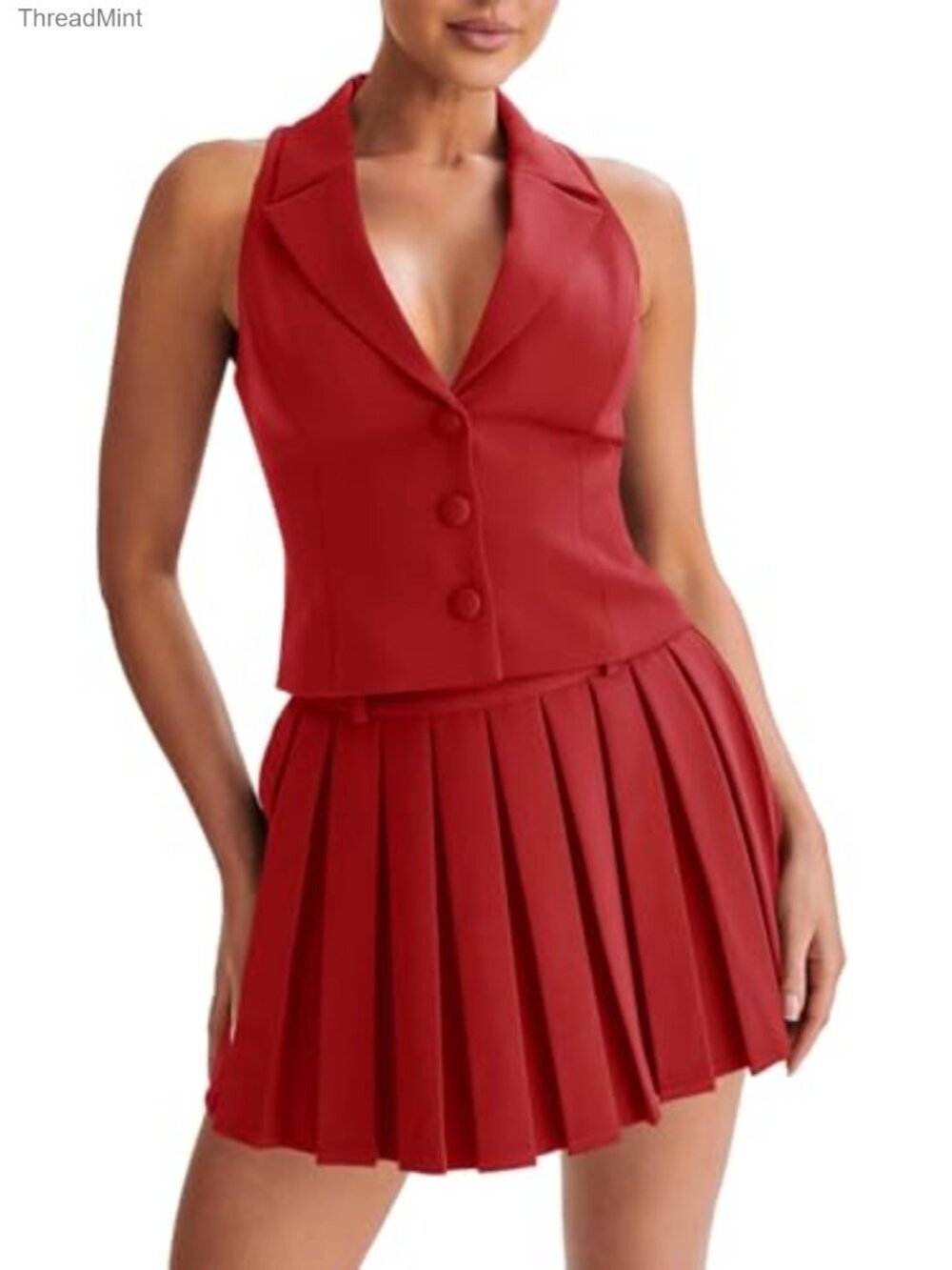 Women's 2 Piece Outfit V Neck Blazer Vest Pleated Mini Skirt Set